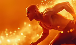 a shirtless man is performing in front of an orange backdrop