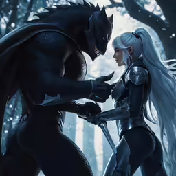 an image of a woman and a man in front of a dark background