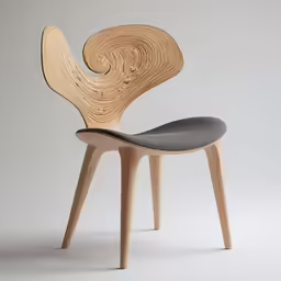 an elegant wood chair with a dark gray fabric seat
