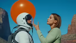there is a woman looking at a man with an orange balloon