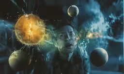a person surrounded by planets and spheres in space