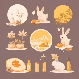 a set of four rabbit illustrations in yellow, purple, and purple