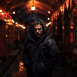 a man in a jacket is standing inside a train,a man with a hooded jacket in the middle of an indoor walkway