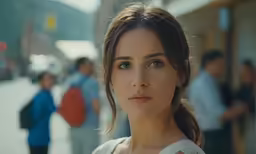 a woman looking straight ahead while standing in front of a crowd of people