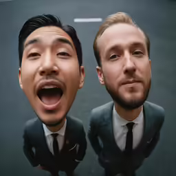 two businessmen with their mouths open standing on a road
