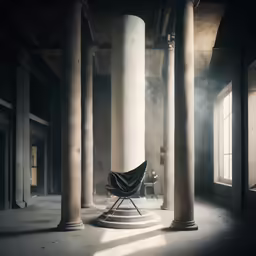 an empty chair sits among two tall pillars