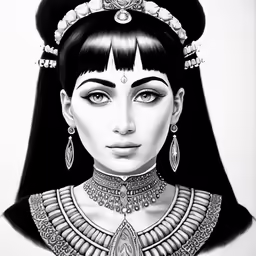 a drawing of an egyptian woman wearing black dress and jewelry