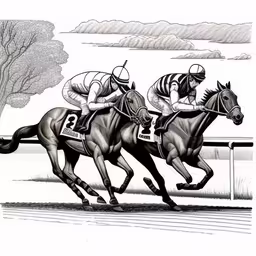 horses and jockeys on a track with trees in the background,three racing horses galloping around a track in the day