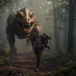 the woman in the jacket is walking away from the large dinosaur