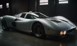 a vintage race car is parked in a warehouse