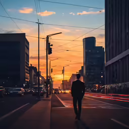 the man is walking in the city at night