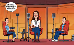 people sitting on the chairs in a room with microphones,two women and a man on a stage with microphones