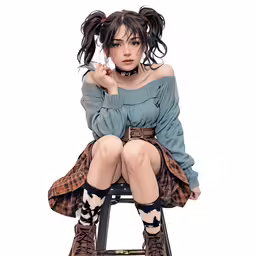 a woman sitting on top of a stool