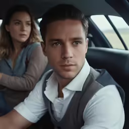 the couple sits in a car posing for their wedding photos