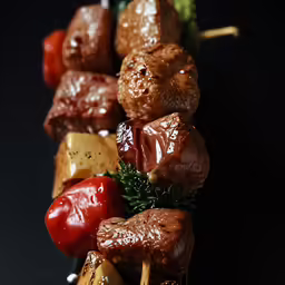 a skewer of meat, potatoes and vegetables on a stick