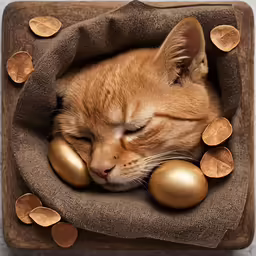 an adorable small orange cat sleeping in a brown cat bed