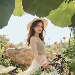 a woman in a hat sitting on a bicycle next to flowers