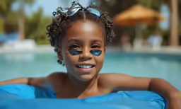 a child with swimming goggles on is smiling at the camera