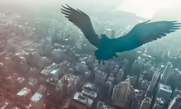 an eagle flying over a city skyline on a sunny day