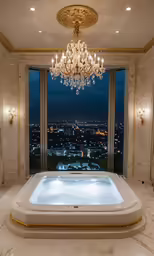 large luxury bathtub and chandelier in a luxurious bathroom