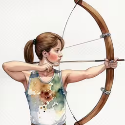 a painting of a woman using a bow as an arrow,a painting of a woman aiming with a bow and arrow