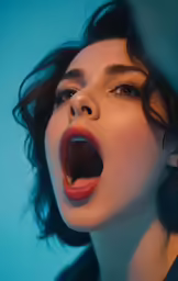 a woman with dark hair opening her mouth while looking into the distance