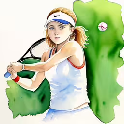 a painting of a female tennis player holding the racquet,a young girl is holding her tennis racquet,a watercolor drawing of a woman in tennis attire holding a racquet,a woman in white shirt holding a tennis racquet,a portrait of a woman holding a tennis racquet