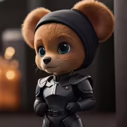 a small teddy bear wearing a suit and helmet