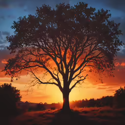 a silhouette of a large tree in a meadow during sunset