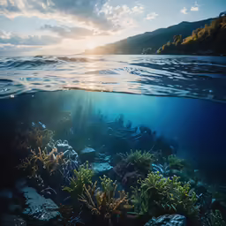 the sun peeking through the water over a reef
