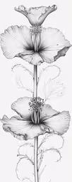 an ink drawing of lily flowers on water,a drawing of a flower with long petals and leaves