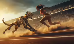 two women are running next to a tiger