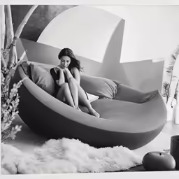 a woman sits on an odd shaped sofa