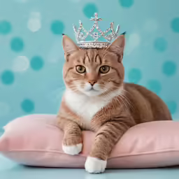 a cat in a tiara is sitting on top of a pillow
