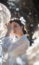 a woman with a large white feather is shown in a snowy scene