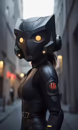 a woman dressed in black and has glowing eyes
