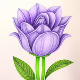 a colored drawing of a flower with leaves on it,a drawing of purple flowers on a white background,a drawing of a single purple flower on white paper,a drawing of a purple flower with green leaves,a drawing of a flower with leaves and purple petals