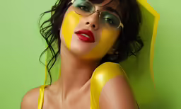 an attractive woman with yellow and red lipstick