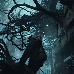 a man looks out into the distance in a tree filled forest