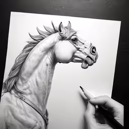 a person is drawing a horse in black and white