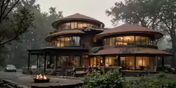 a house on fire in the forest with people sitting around it