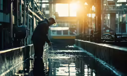 a man is cleaning his body in a large room