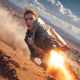 a woman with a flashlight riding a motorcycle down a dirt road
