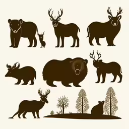 a group of different animals, and trees,a set of animals silhouettes that includes elk, bear and antelope
