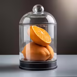 three oranges are on top of each other under a glass dome