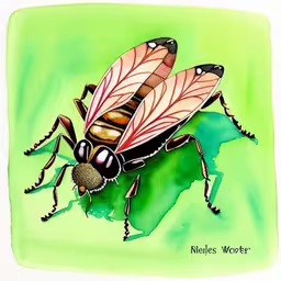 there is a painting of a bug on a green background,an image of a bug in watercolor