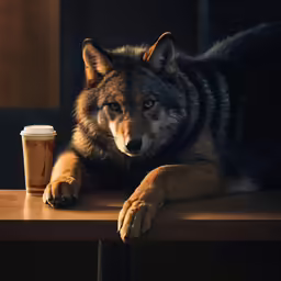a dog laying next to a cup of coffee