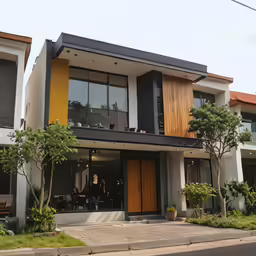 a large two story house with a yellow and black painted balcony