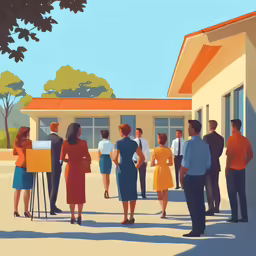 there are many people standing outside of this building