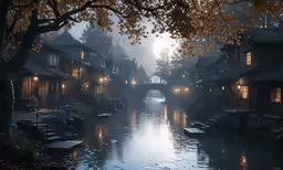 a river with boats going down it next to some buildings